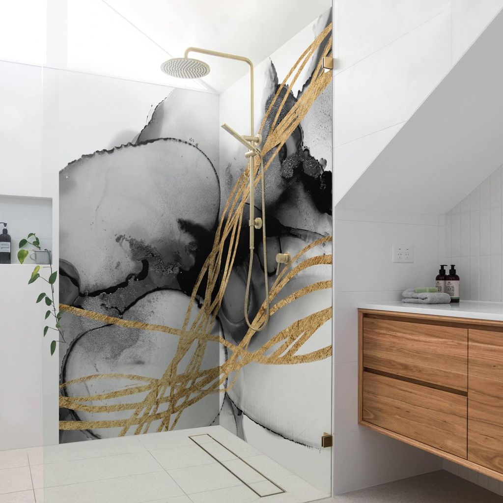 Duschrückwand originell selbstklebend - 0.61 mm Wandpaneel wasserfest Design schwarz Aquarell Abstrakt Badrückwand fugenlos Premium matt 100x210 cm