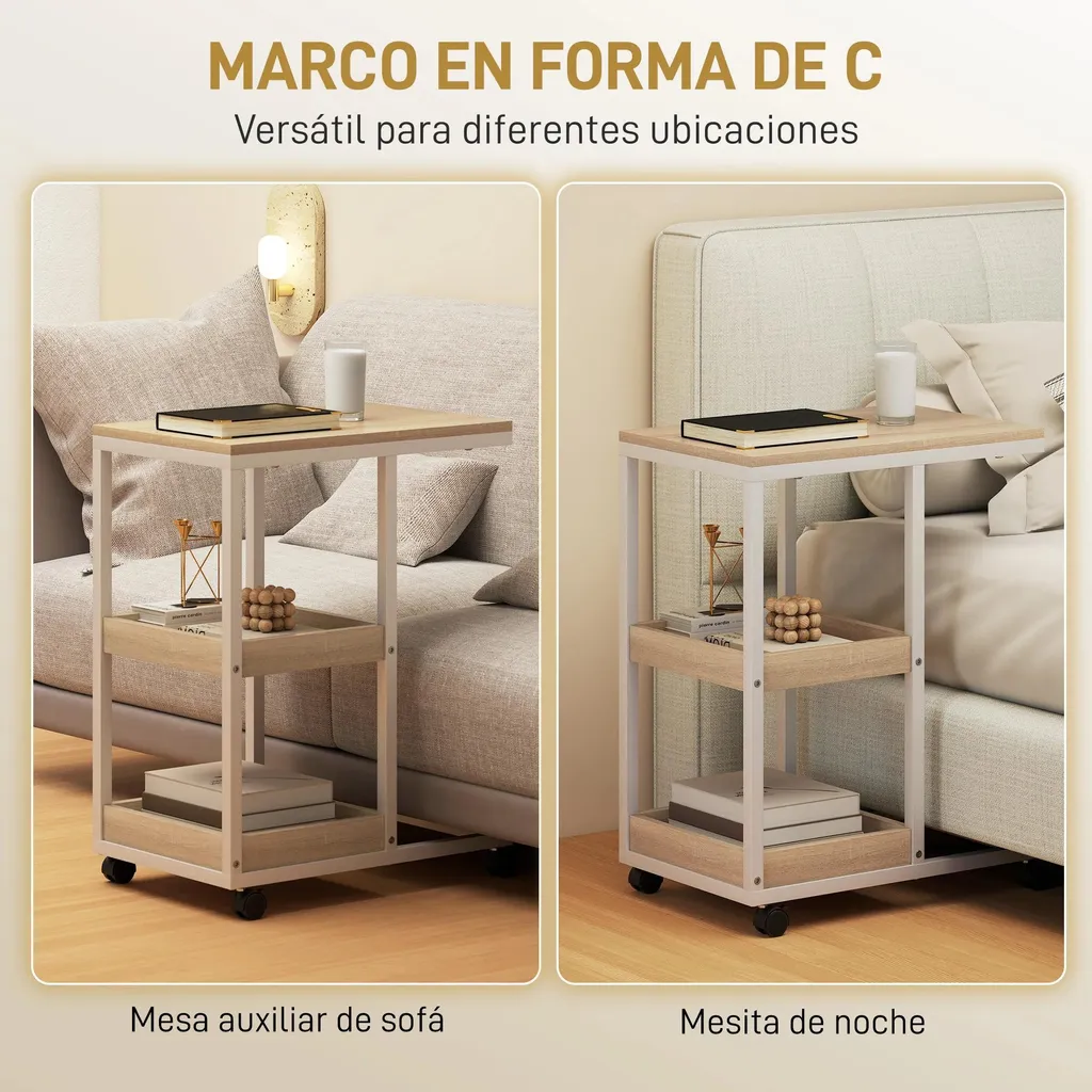 Table basse forme C à roulettes avec double rangement métal et naturel