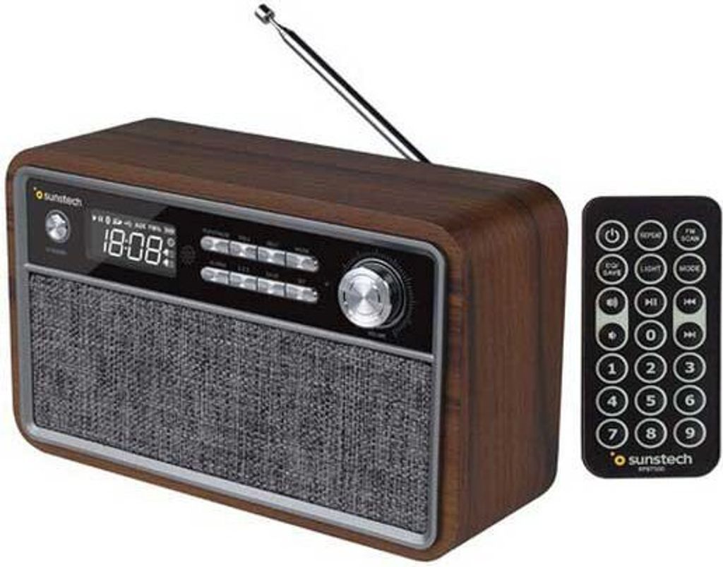 Retro-Radio sunstech rpbt500wd wood - 2*3w rms - fm - bt 4.2 - Uhr und Wecker - usb/sd/aux-in - mp3 - Fernbedienung - micro usb charging - 1800mah