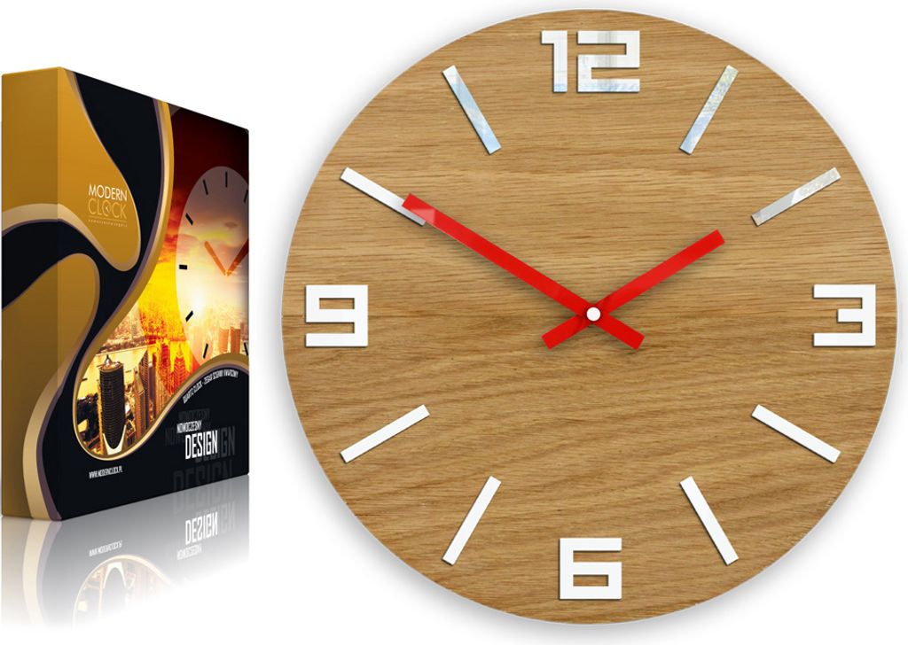 ModernClock, Eichenholz Uhr, wanduhr holz, wanduhr, Arabisch weiss&rot33cm