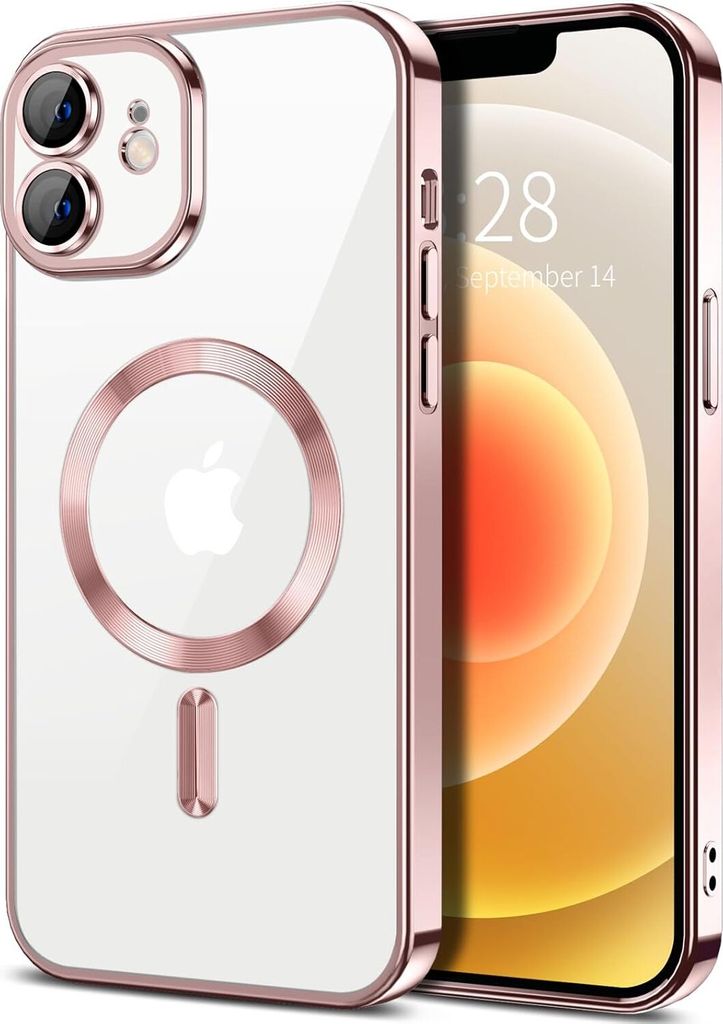 Magnetische Klar Hülle für iPhone 12, Kompatibel mit MagSafe, Elektroplattiert Handyhülle mit Kameraschutz Pink