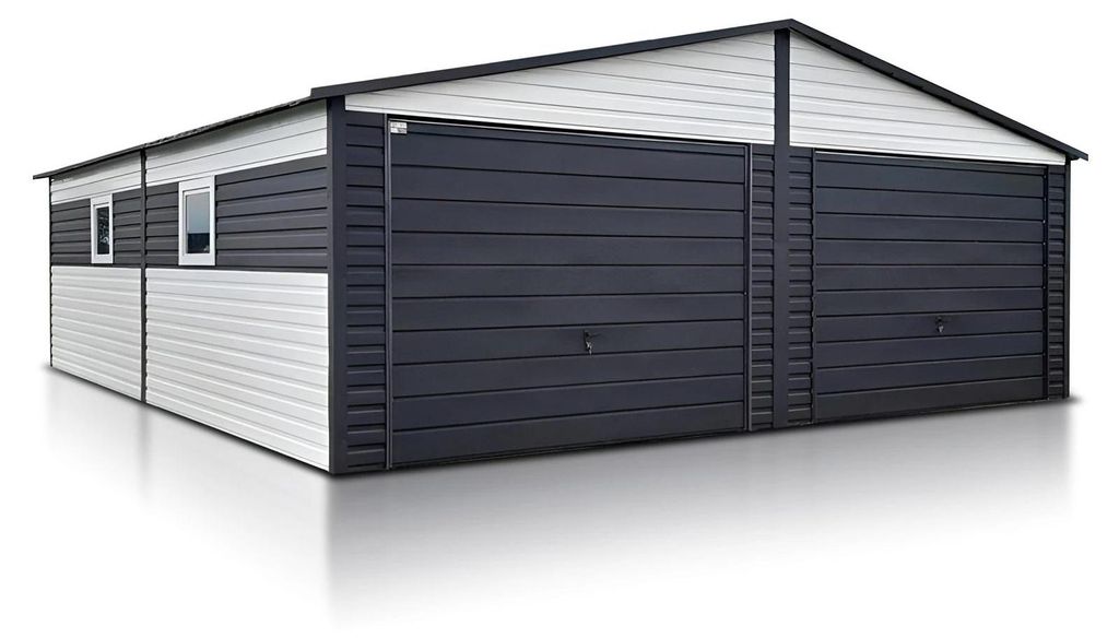Fertiggarage für zwei Autos 7x7 m Satteldach Schwingtor Weiß