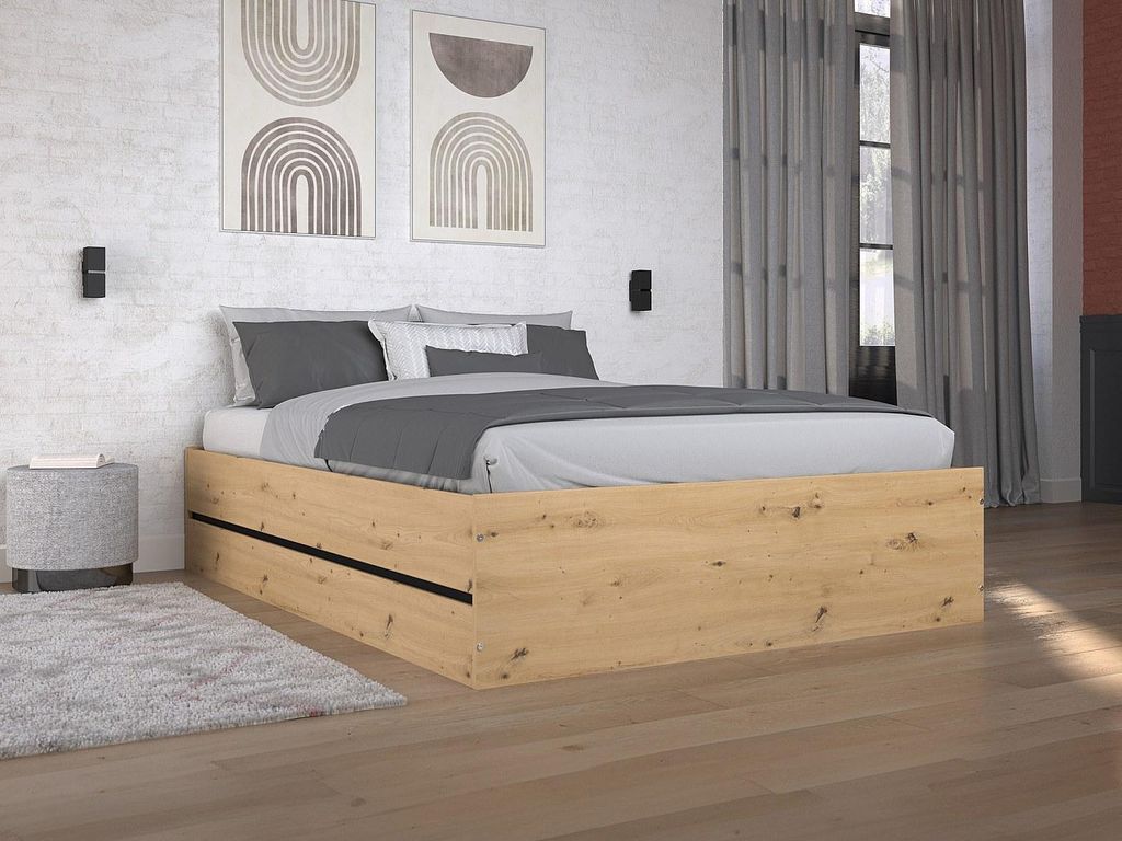 Bett mit Kommode 140 x 190 cm - Natur und schwarz - LUDARO