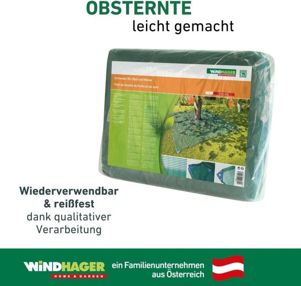Windhager Erntenetz für Obst und Nüsse, Auffangnetz, Dunkelgrün, 4 x 4 m 06020