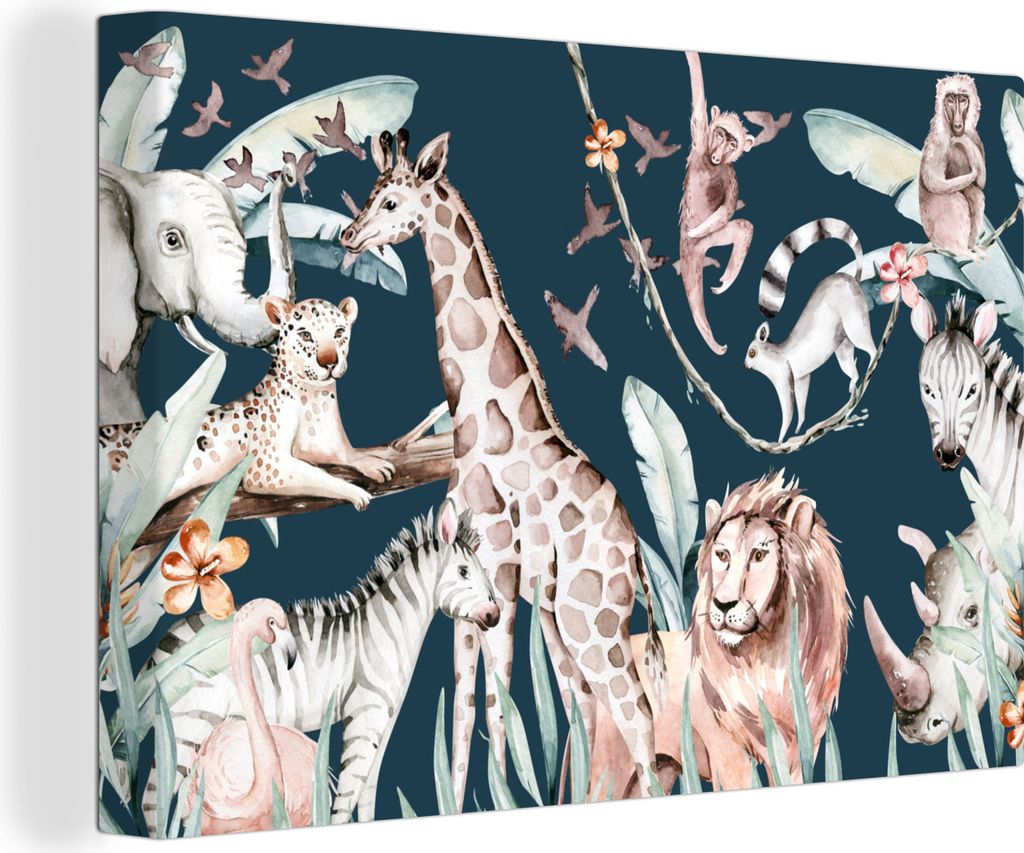 OneMillionCanvasses - Leinwandbilder - 150x100 cm, Wasserfarben - Tiere - Elefant - Flamingo - Jungen - Blau - Kinder - Kinder, Wandbilder Kunstd...