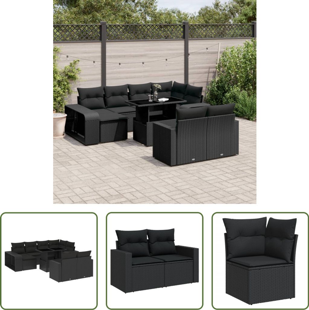 The Living Store 11-tlg. Garten-Sofagarnitur mit Kissen Schwarz Poly Rattan
