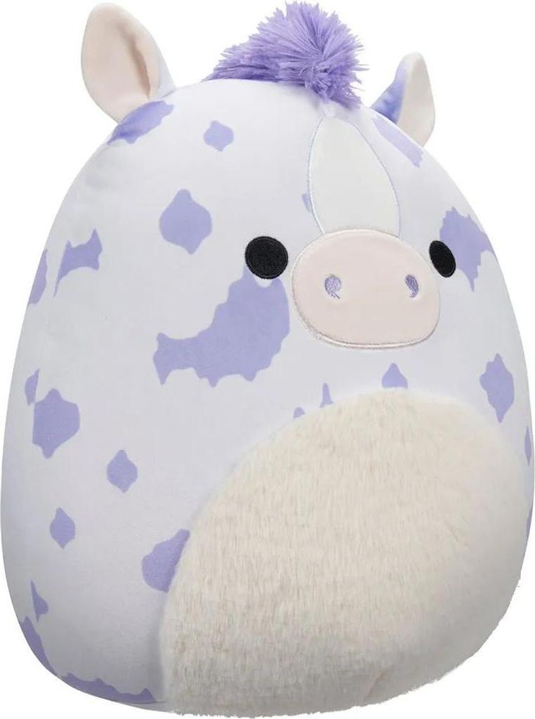 A plush toy horse with purple spots and a fluffy white belly.
