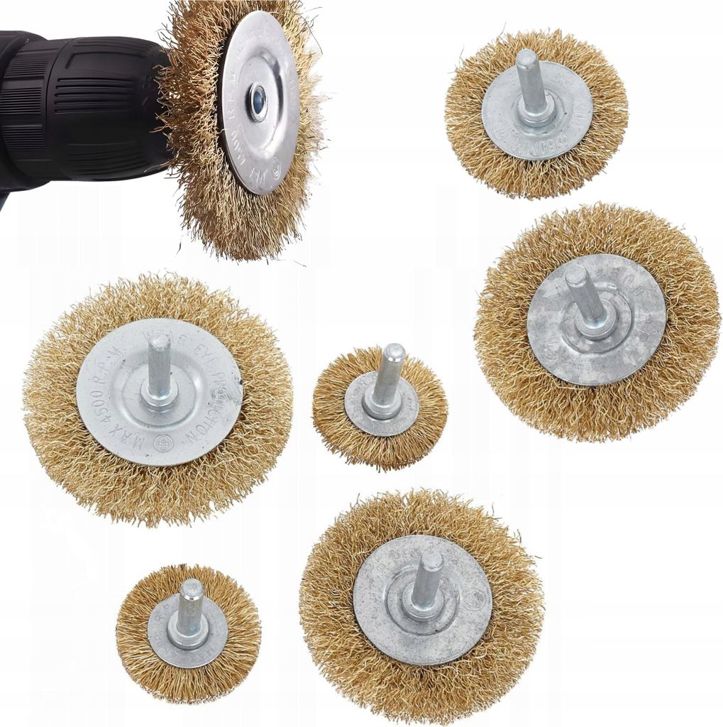 Drahtbürste für Bohrmaschine SET mit 6 Bürsten 50-75 mm vermessingter Stahl