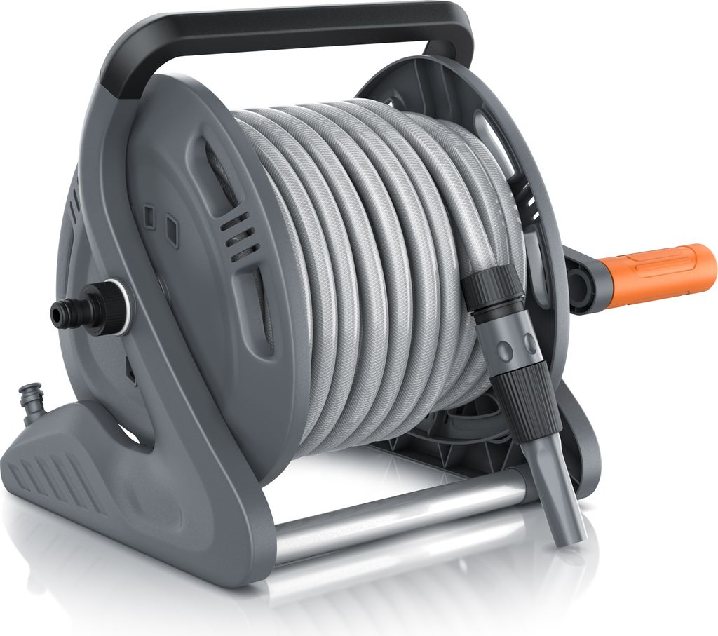 Brandson Schlauchtrommel, 20m Schlauch, 2m Zuleitung, Wandhalterung, Drehkurbel, Reinigungsspritze, kippsicher, knicksicher, für Garten & Camping