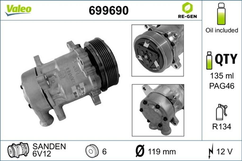 VALEO 699690 6V12 Klimaanlage Klimakompressor PAG 46 R134a passend für PEUGEOT 206 Schrägheck (2A/C) 206 CC (2D) 206 SW (2E/K) 206 Kastenwagen