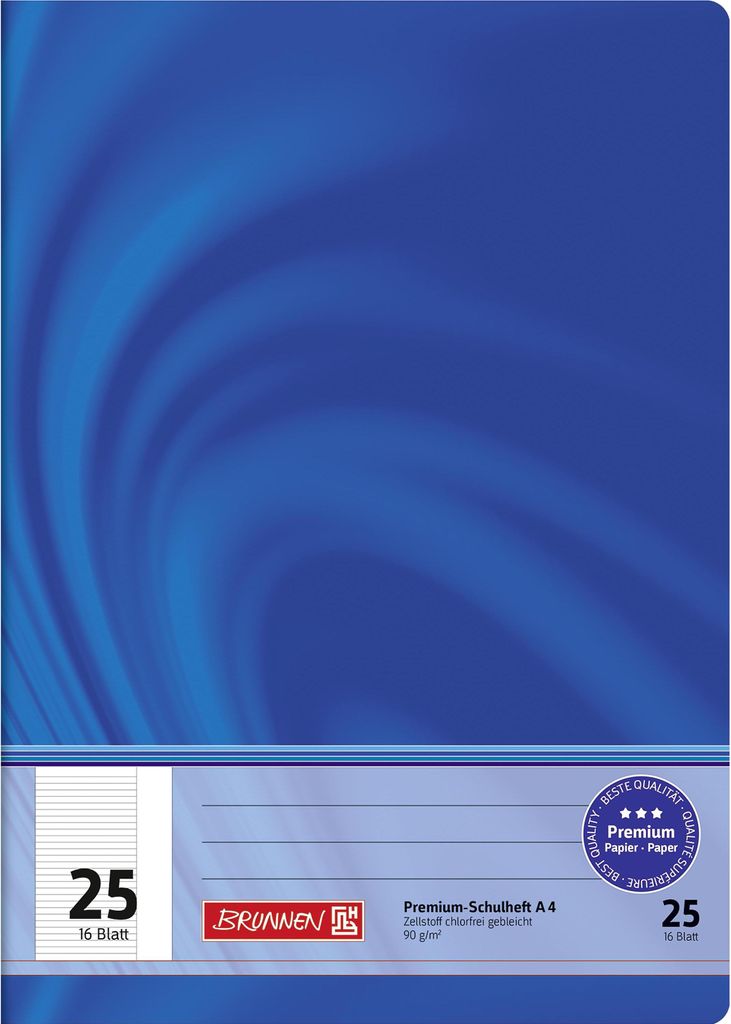 A notebook cover with a blue abstract design and product details.