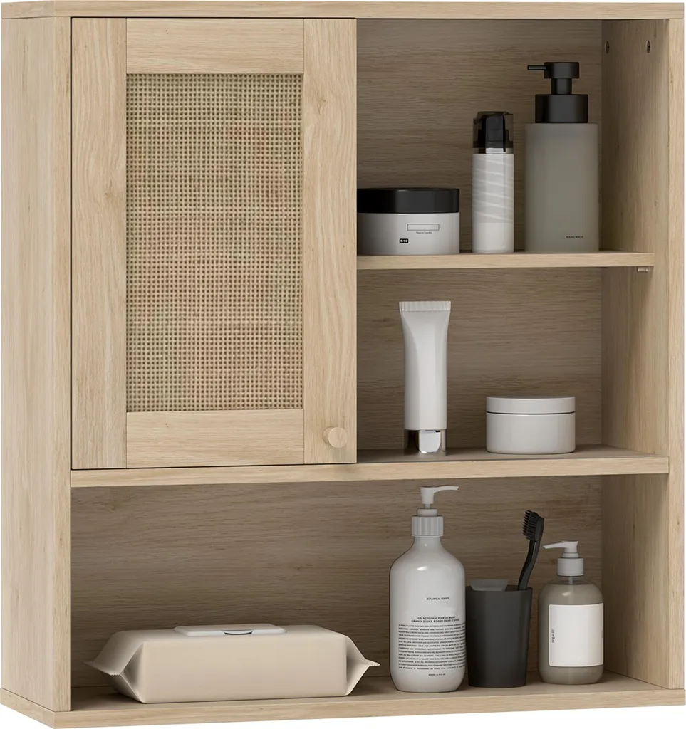 Meuble haut de salle de bain en bois et rotin avec étagères de rangement