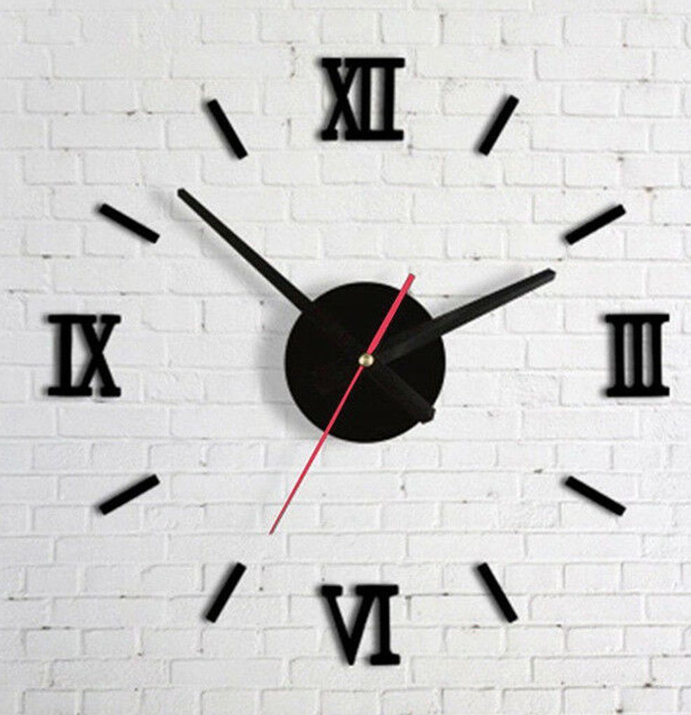A black wall clock with Roman numerals on a white brick wall.