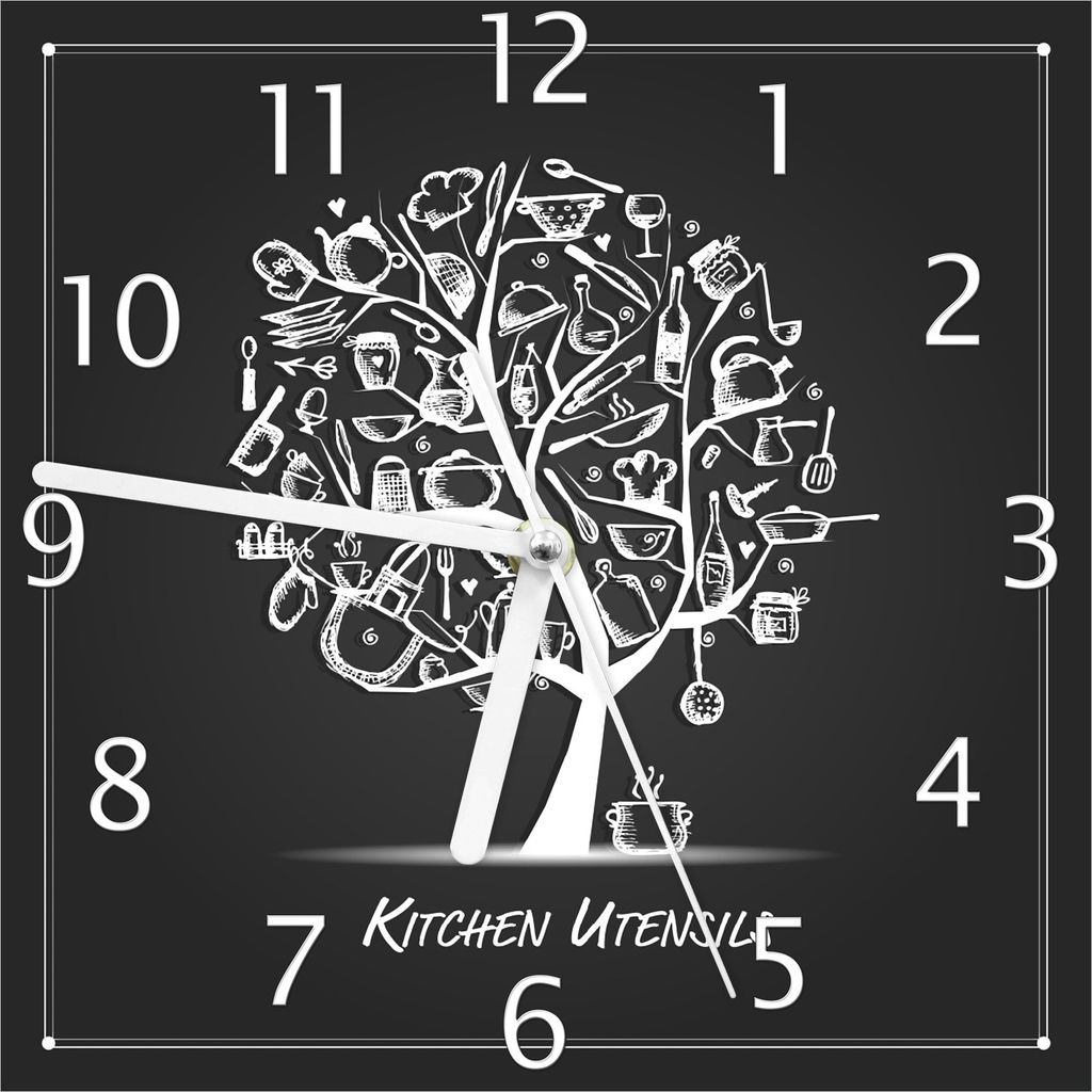 Wallario Design Wanduhr Kitchen Utensils - Baum aus Küchenutensilien in schwarz weiß aus Echtglas, Größe 20 x 20 cm