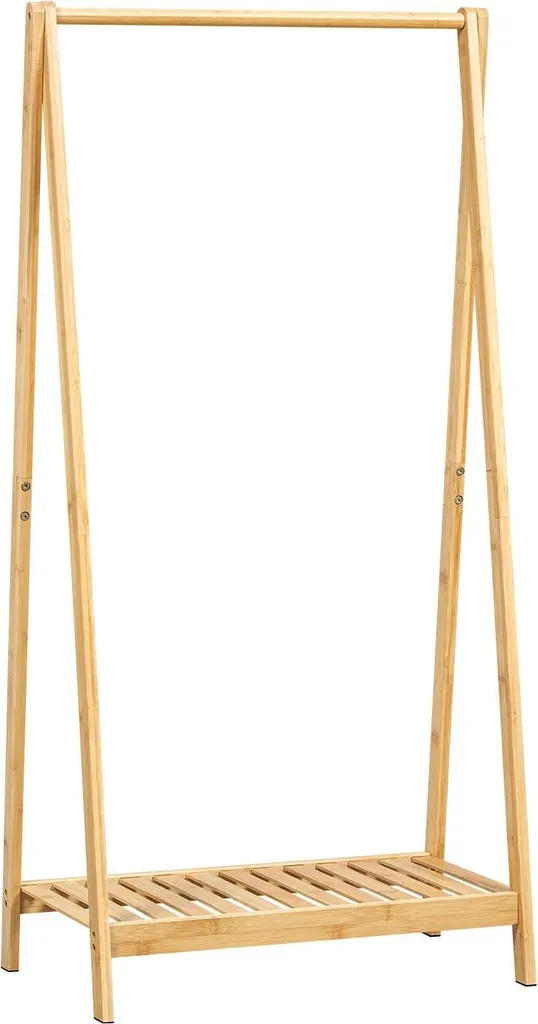 Appendiabiti in bambù - Appendiabiti autoportante - Con ripiano e scarpiera - 60 x 35 x 120 cm - 1 asta appendiabiti - Moderno, robusto - Giallo