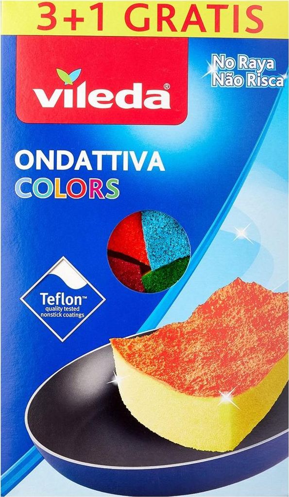 The image shows the packaging of Vileda cleaning sponges, featuring a graphic of a sponge on a frying pan and colorful segments representing different sponge textures.