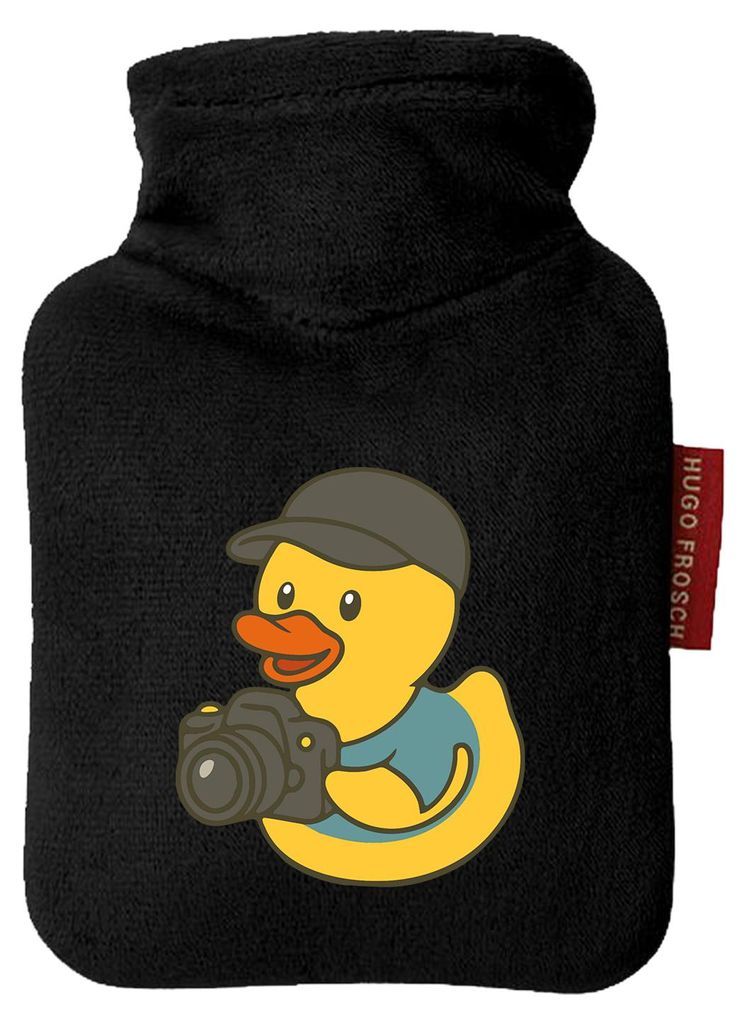 Huuraa Mini-Wärmflasche Quietscheente Fotografie Comic Gummiente 0,2 Liter Black Mini Veloursbezug Taschenwärmer Geschenkidee