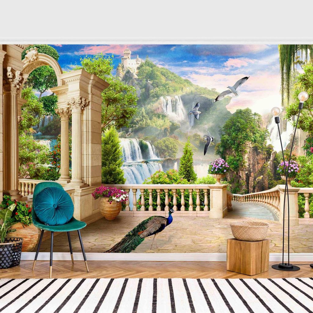 Fototapete Natur - Vliestapete - Bildtapete UV-beständig Wasserfall bunt 3D-Effekt Motiv Wandtapete geruchsfrei