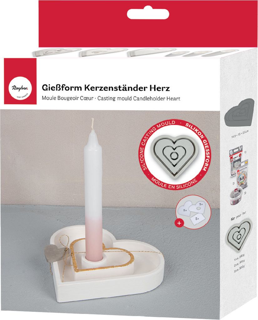 Rayher Silikon Gießform Kerzenständer inkl. Einleger, DIY Gips, Beton, Harz, Seife Herz