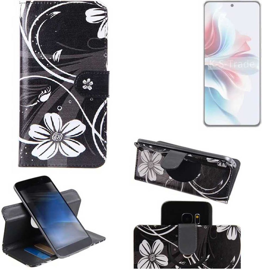K-S-Trade Schutzhülle Handyhülle kompatibel mit Oppo Reno11 A Hülle 360° Wallet Case “Flowers“ Klapphülle Hülle schwarz-weiß 1x