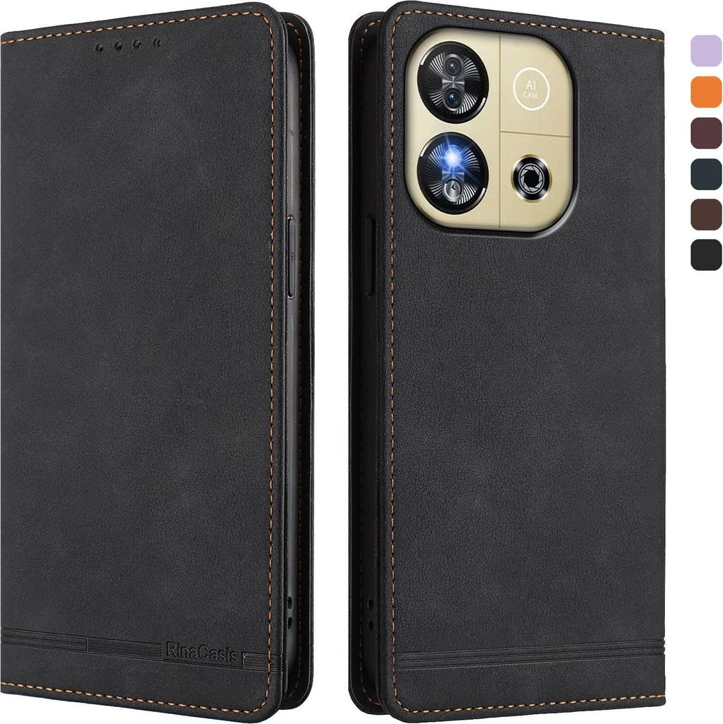 Hülle für Oukitel C57S / C57 Pro, Retro Kunstleder Ständer Klapphülle mit Kartenfächer und Magnetische Schwarz