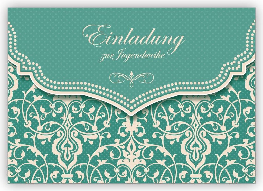 Hübsche Einladungskarte mit Vintage Damast Muster in edlem Hellblau Türkis für junge Damen: Einladung zur Jugendweihe