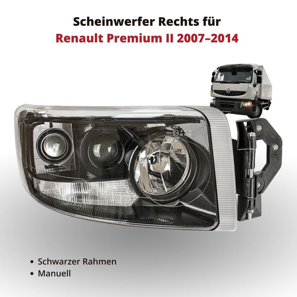 Scheinwerfer Frontscheinwerfer Rechts für Renault Premium II 2007–2014 | Schwarzer Rahmen | Manuelle Einstellung | OEM 5010578478