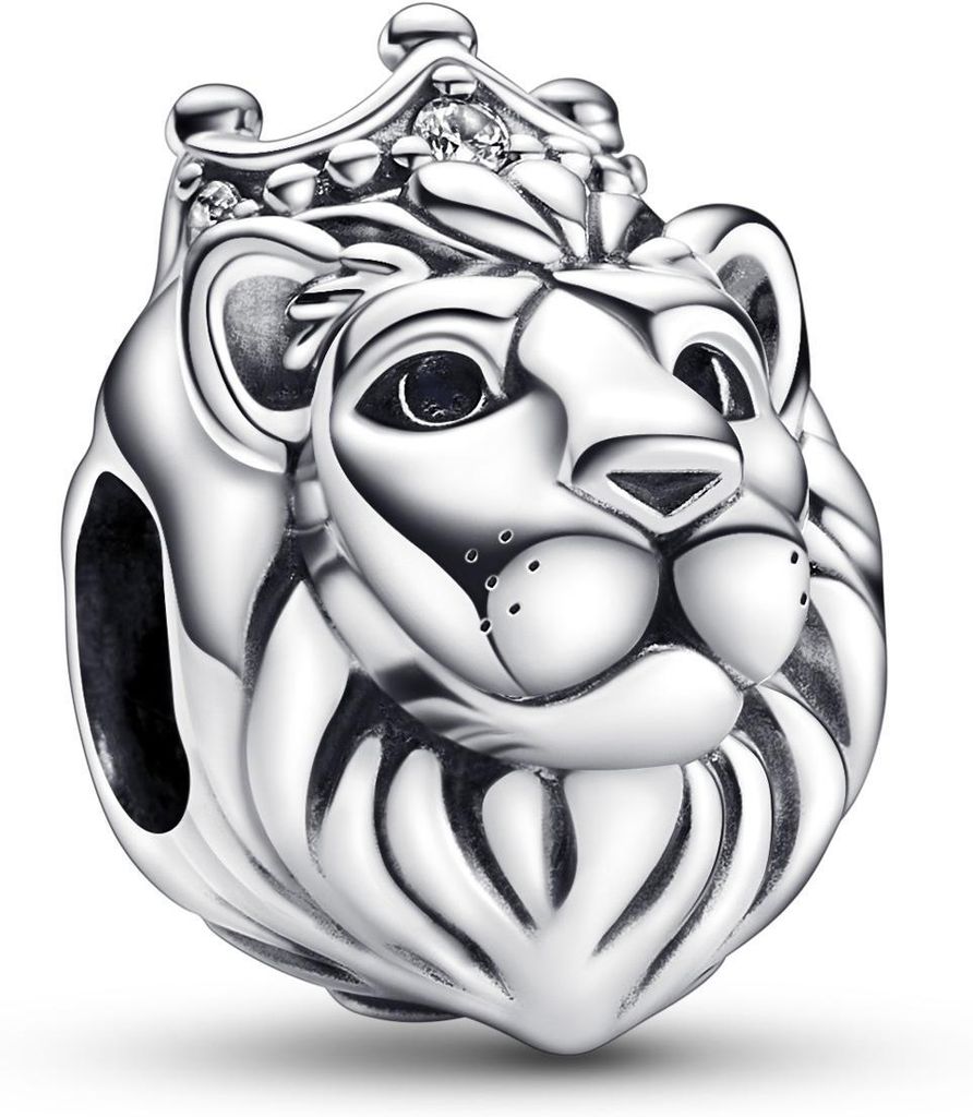 A silver charm shaped like a lion's head wearing a crown.