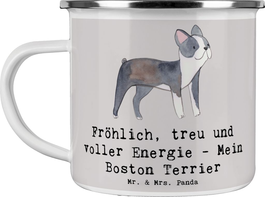 Mr. & Mrs. Panda Haferl Boston Terrier Freude - Grau Pastell - Geschenk, Pott, Hunderassen Pflege, Emaille Tasse, Spielen, Kaffeepott, Glück, Begl...