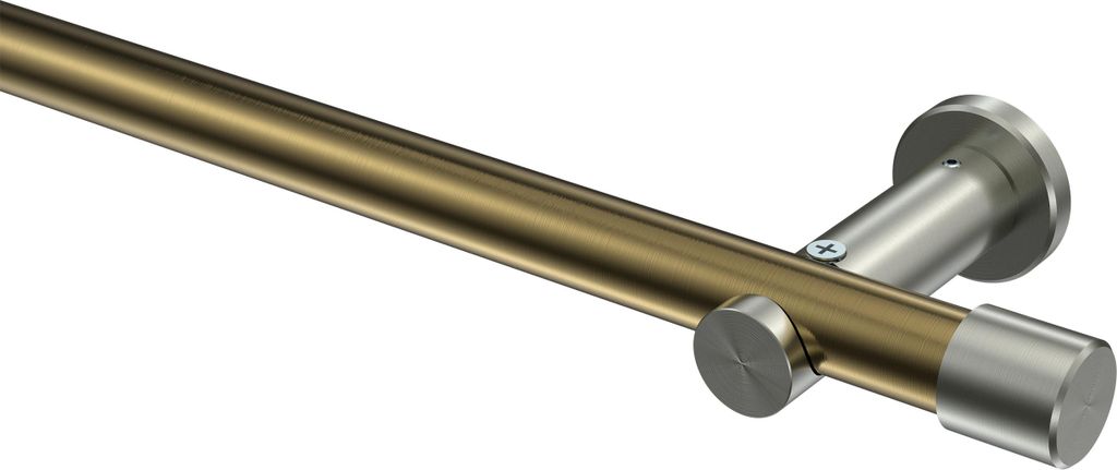 Interdeco Gardinenstange / Vorhangstange Messing Antik / Edelstahl-Optik, Typ Platon Santo (Kappe) ohne Ringe, 20 mm Ø 1-läufig, 280 cm