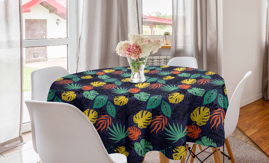 ABAKUHAUS Blätter Runde Tischdecke, Buntes tropisches Laub, Kreis Tischdecke Abdeckung für Esszimmer Küche Dekoration, 150 cm, Mehrfarbig