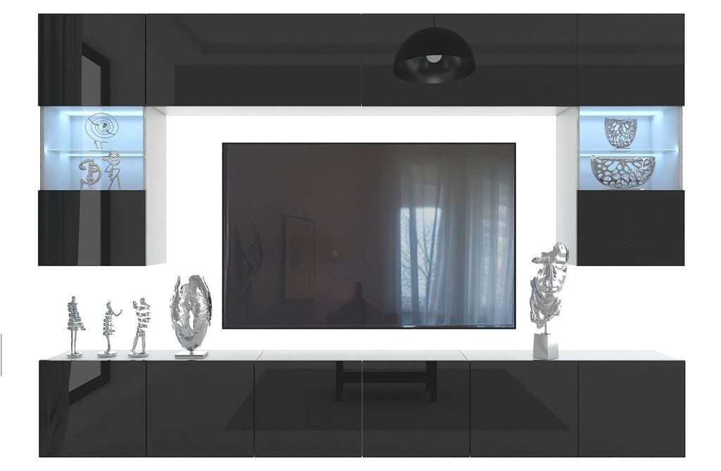 BELINI Wohnwand MILANO 1 Wohnzimmer 300 cm - Schwarz Hochglanz, Moderne Schrankwand Set, Anbauwand TV-Schrank Griffloses System