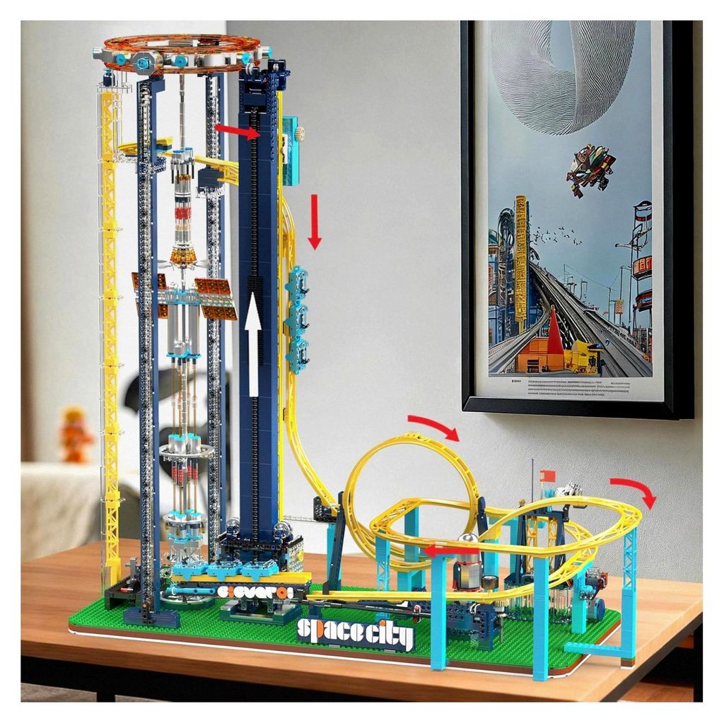Weltraumaufzug und Achterbahn-Bausatz, Vergnügungspark-Rennbahn-Bausteine mit Motoren, Geschenkspielzeug für Erwachsene (3118+ Teile)