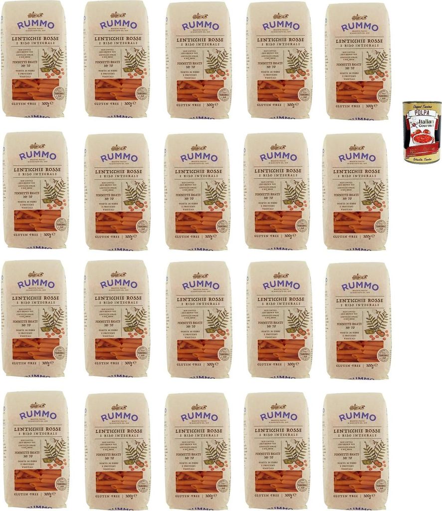 Rummo Lenticchie Rosse e Riso Integrale Pennette rigate N° 70, Rote Linsen und reis pasta, Gluten frei, gluten free 20x 300g + Italian Gourmet pol...