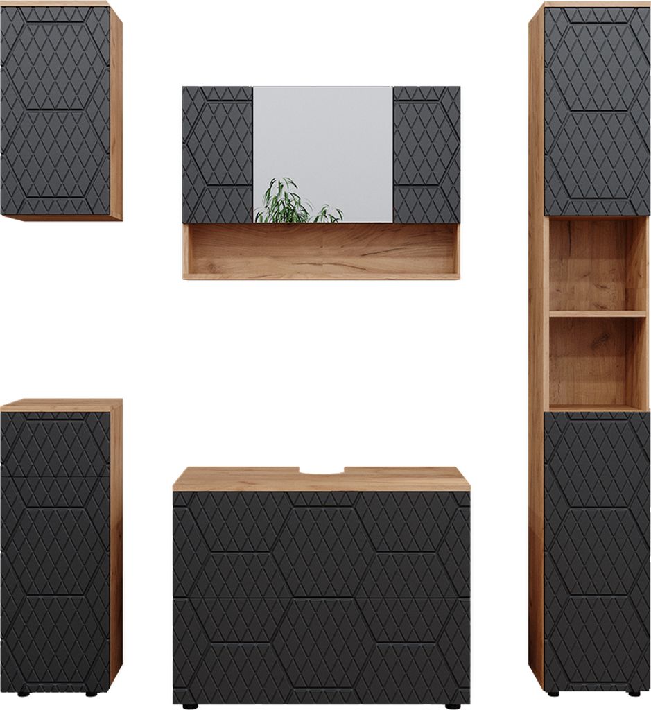 A set of bathroom furniture pieces arranged against a white background.