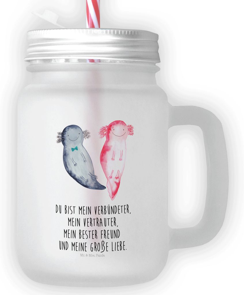 Mr. & Mrs. Panda Mason Jar Axolotl Freundin - Transparent - Geschenk, Becher mit Strohhalm, Glas, Valentinstag, Freund, Trinkgefäß, Trinkglas Dec...