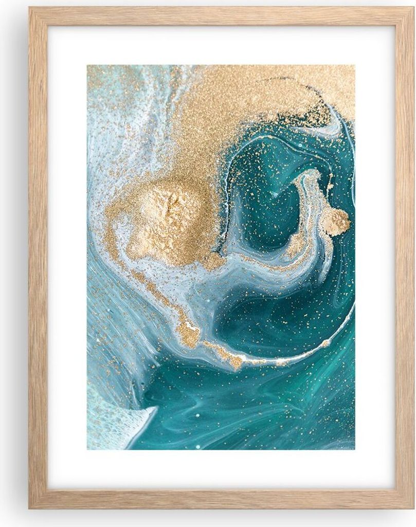 Gerahmtes Poster - Rahmen in heller Eiche - Golden Türkis Hintergrund - 30x40 cm - Wand Bild - Wanddeko - Wandbilder - Kunstposter - Wandposter - ...