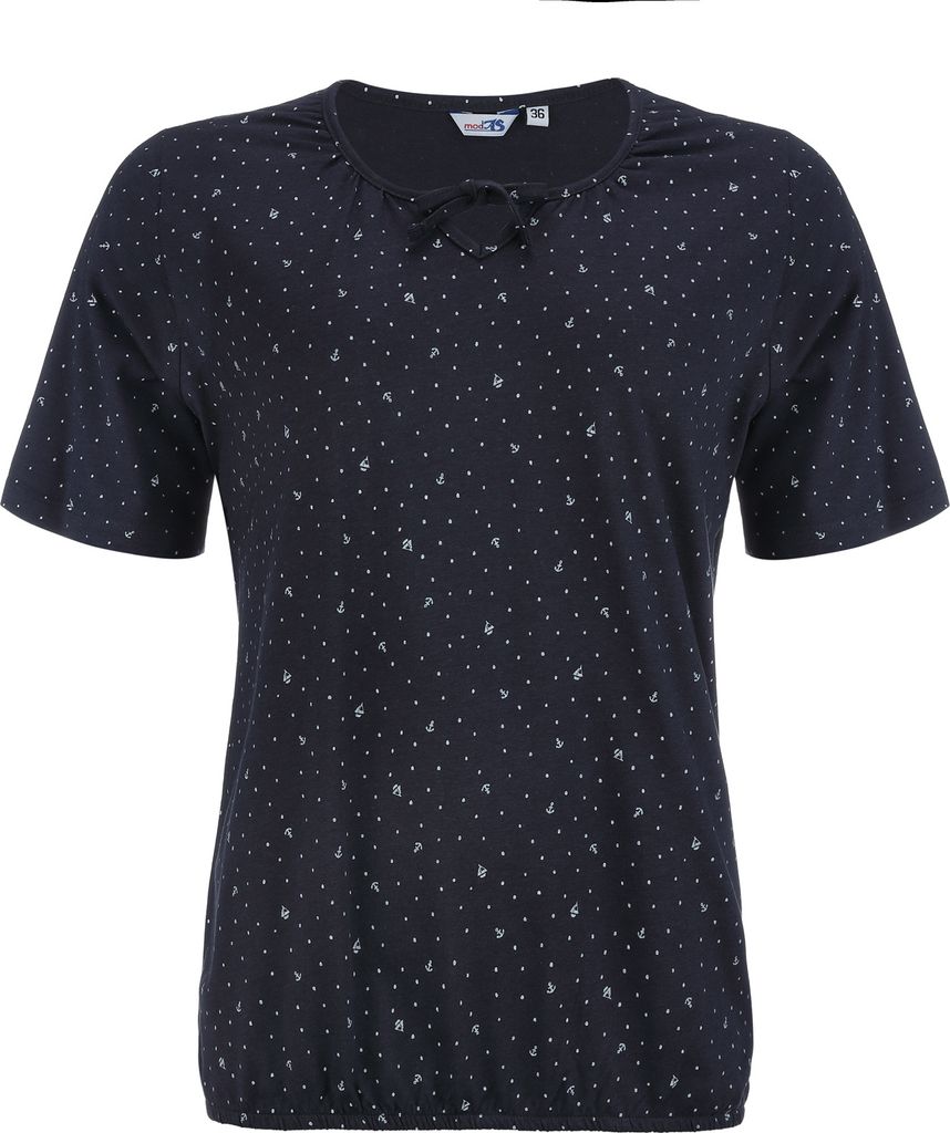 modAS Damen Shirt Maritim mit Punkte-Anker-Schiffchen-Print - Modisches Basic Kurzarm-Shirt in Marine-Weiß Größe 38