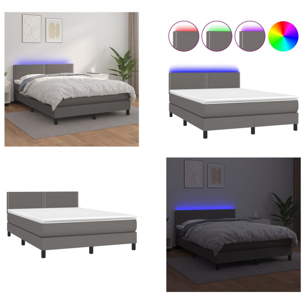 vidaXL Boxspringbett mit Matratze & LED Grau 140x190 cm Kunstleder - Boxspringbett - Boxspringbetten - Bett - Schlafzimmermöbel