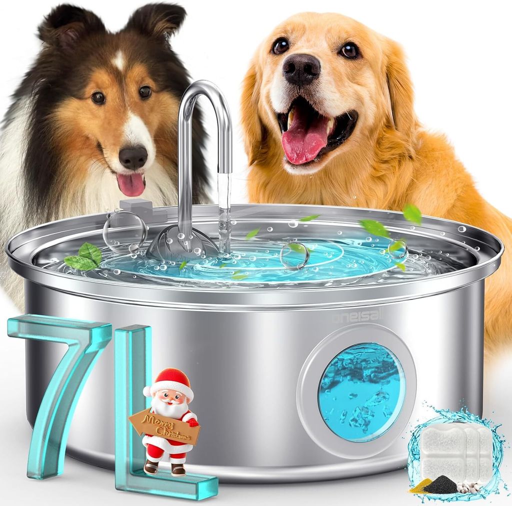 oneisall Wasserbrunnen für Hunde, 7 L, leiser Hundebrunnen, Wassernapf, Edelstahl-Wasserbrunnen mit visuellem Wasserstand und dreifacher Filtration