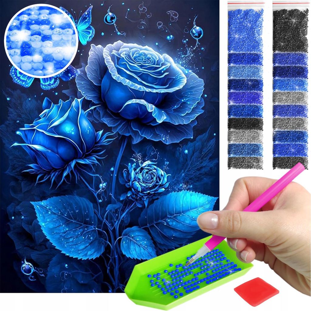 ARTULIO - Diamond Painting Set - Blaue Rosen mit Schmetterlingen - 40 x 30 cm - AB Steine, AB Diamant - Crystal Art, Bilder DIY