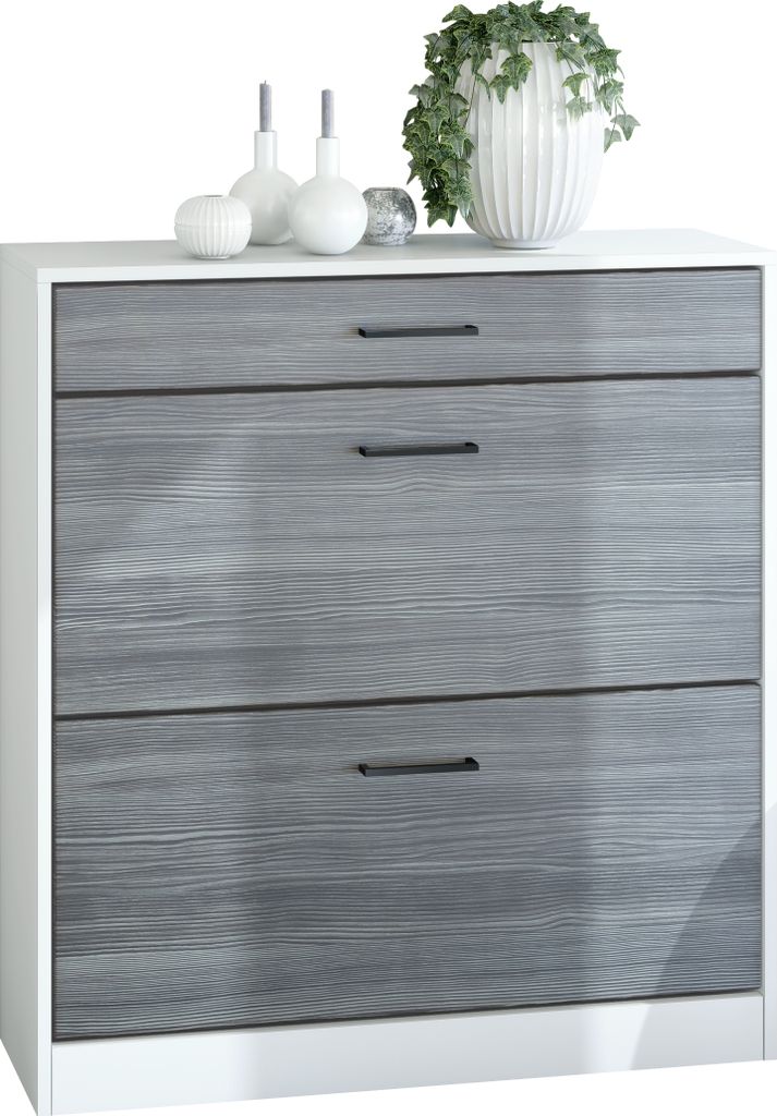 Vladon Schuhschrank Schuhkipper Elvas 89 x 95,5 x 27 cm, Germany, Korpus in Weiß matt, Front in Avola-Anthrazit | Große Farbauswahl