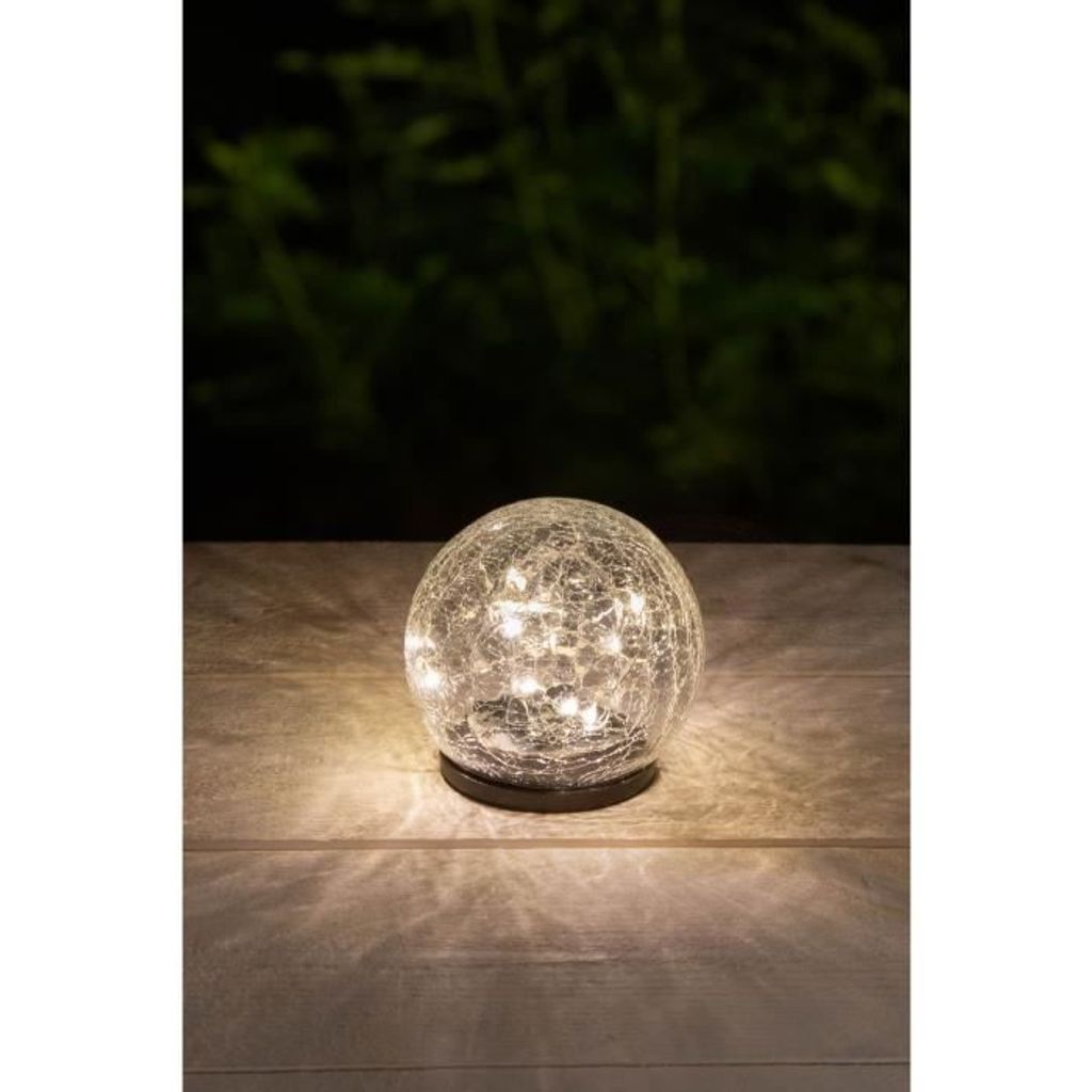 A glass sphere with embedded lights sits on a wooden surface, with dark foliage in the background.