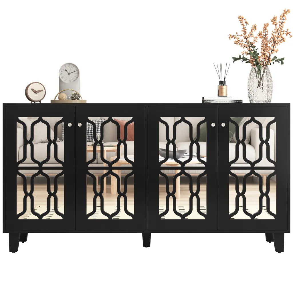 Commode à motif géométrique Trellis et façade miroir graphique noire
