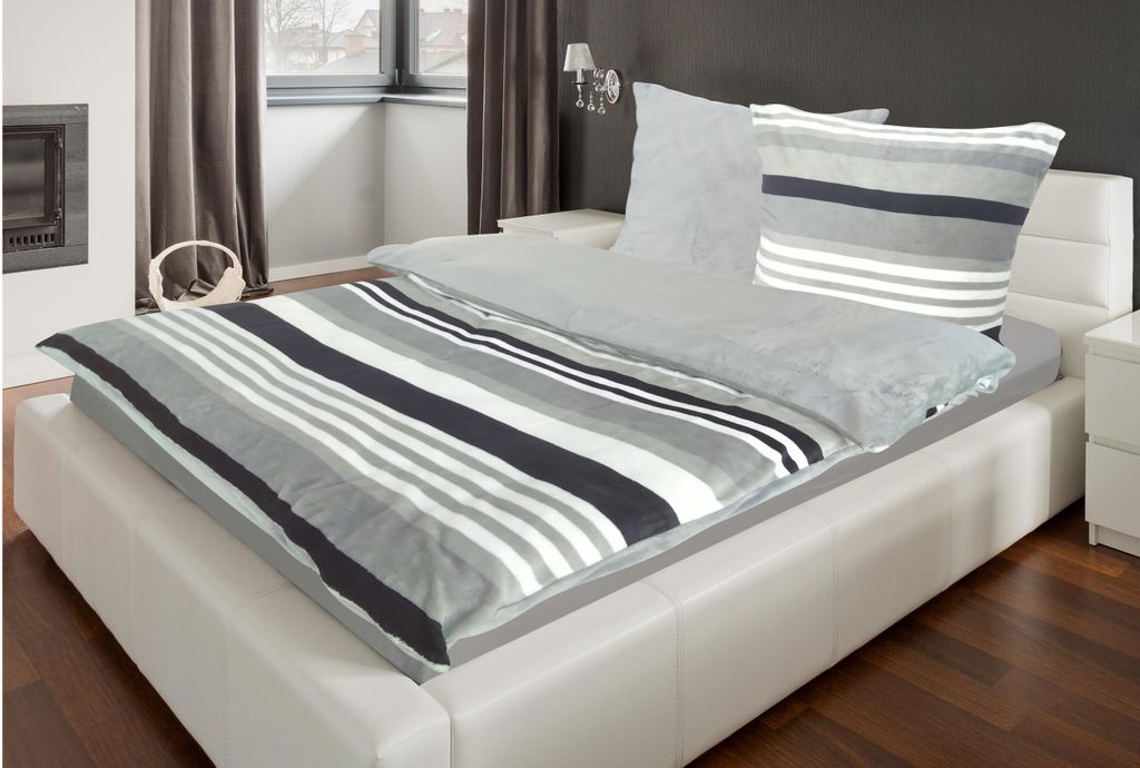 Bettwäsche Winter Flausch Cashmere Touch Uni Wende warm 2 teilig 135x200 mit RV Farbe Streifen Grau