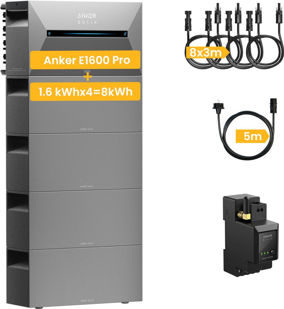 Balkonkraftwerk Speicher 8 kWh, Anker Solix Solarbank 2 E1600 Pro mit Erweiterungsakku x 4 und Anker SOLIX Smarten Zähler