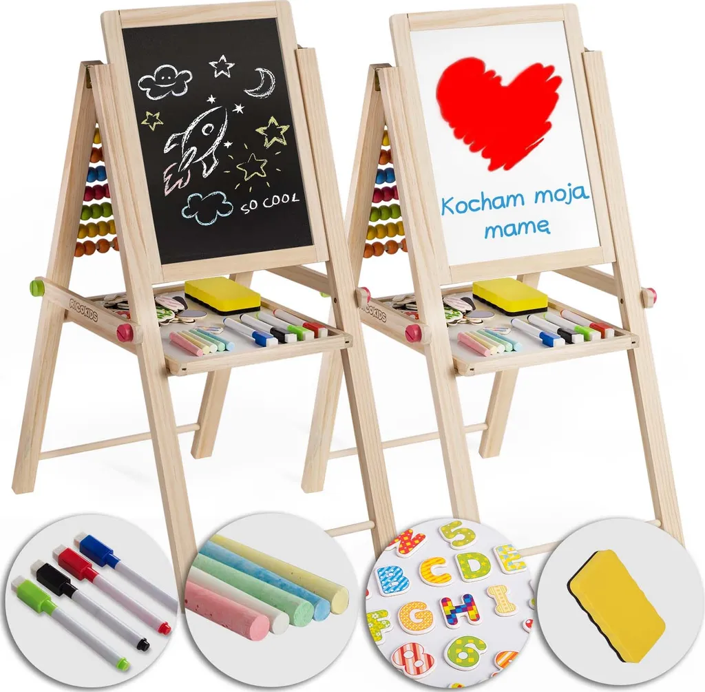 Tableau enfant bois double face magnétique et pliable avec accessoires