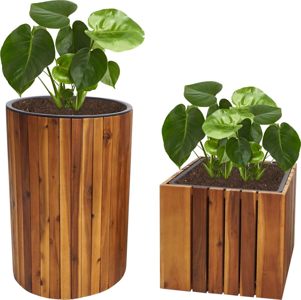 2er-Set Pflanzkasten HWC-L24, Pflanztopf Pflanzkübel Blumentopf Blumenkasten, rund eckig Outdoor Akazie Holz braun