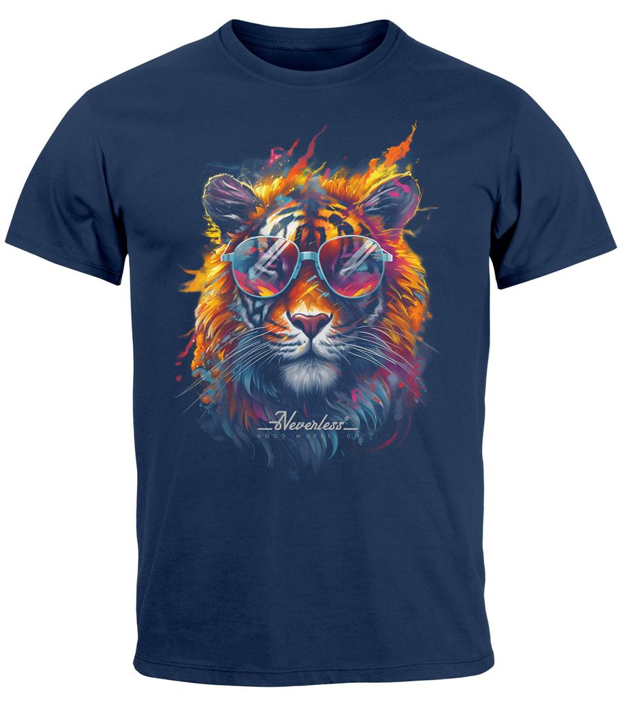 Herren T-Shirt Tiger Print Aufdruck Flammen Sommer Sonnenbrille Kunst Fashion Streetstyle Neverless navy M