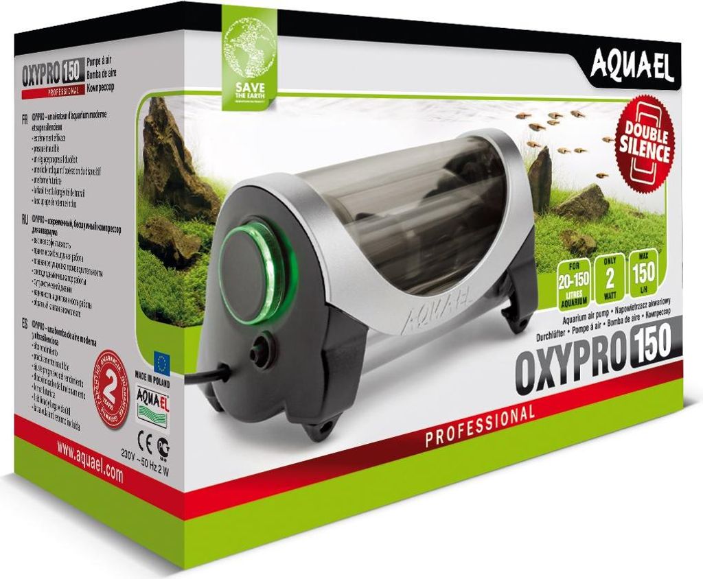 The image shows the retail packaging of an Aquael OXYPRO 150 air pump for aquariums.